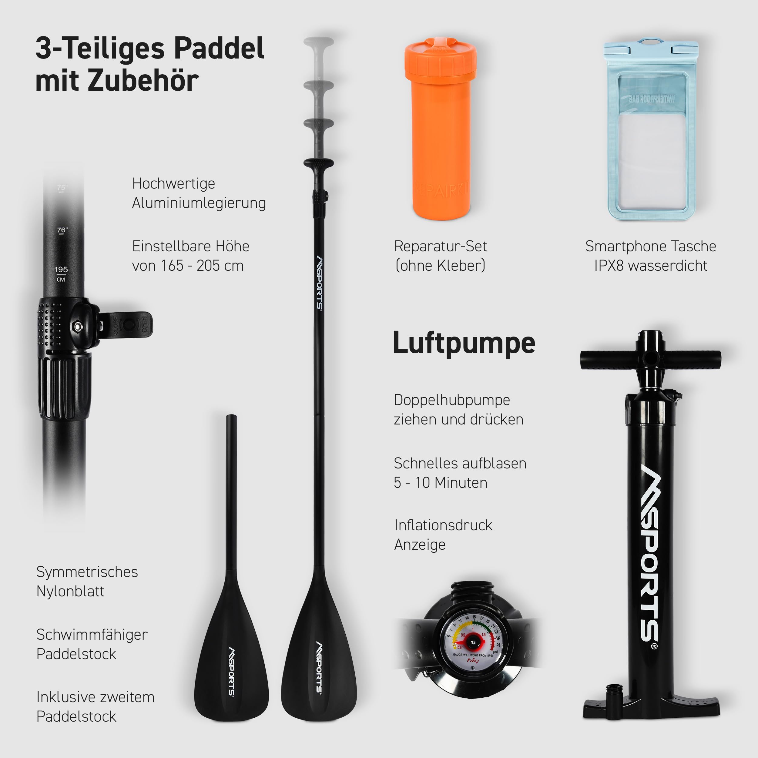 MSPORTS SUP - Stand Up Paddling Board - Aufblasbar Komplettes Paddleboard Zubehör Verstellbares Paddel, hochwertige Pumpe + 2X Paddelstock + wasserdichte Smartphone Tasche + Multifunktionstasche 8