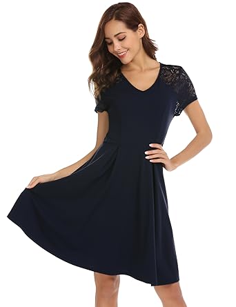 Bricnat Damen Elegant Sommerkleid mit Spitzen Cocktailkleid Partykleid Swing Festliches Kleid A Linie Rundhals Kurzarm