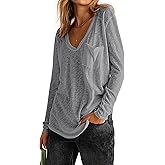 Hilinker Women's Sheer Mesh Long Sleeve Top V Neck See Through T Shirt with Pocket