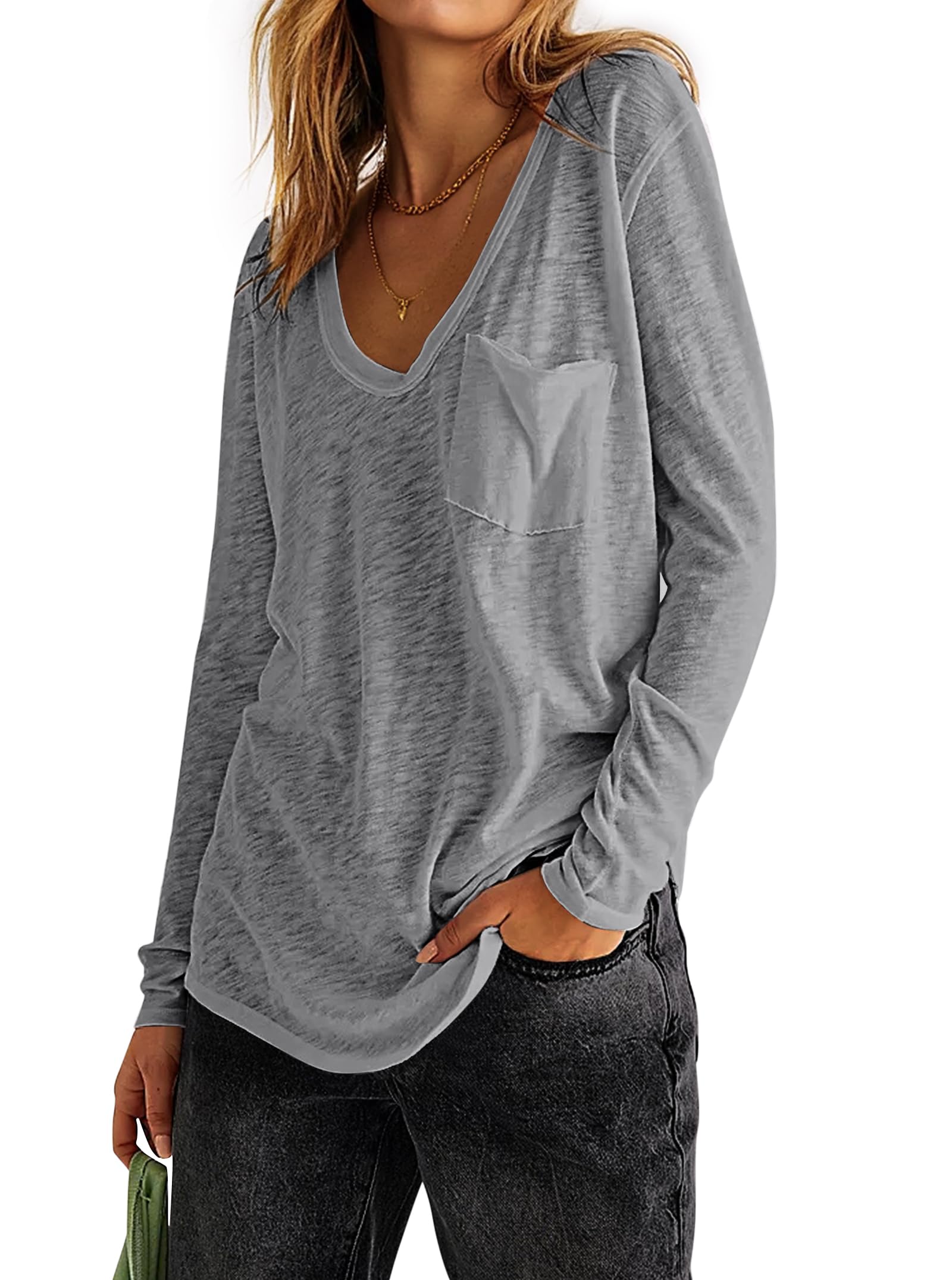 Photo 1 of Hilinker Women's Sheer Mesh Long Sleeve Top V Neck See Through T Shirt with Pocket Grey X-Large