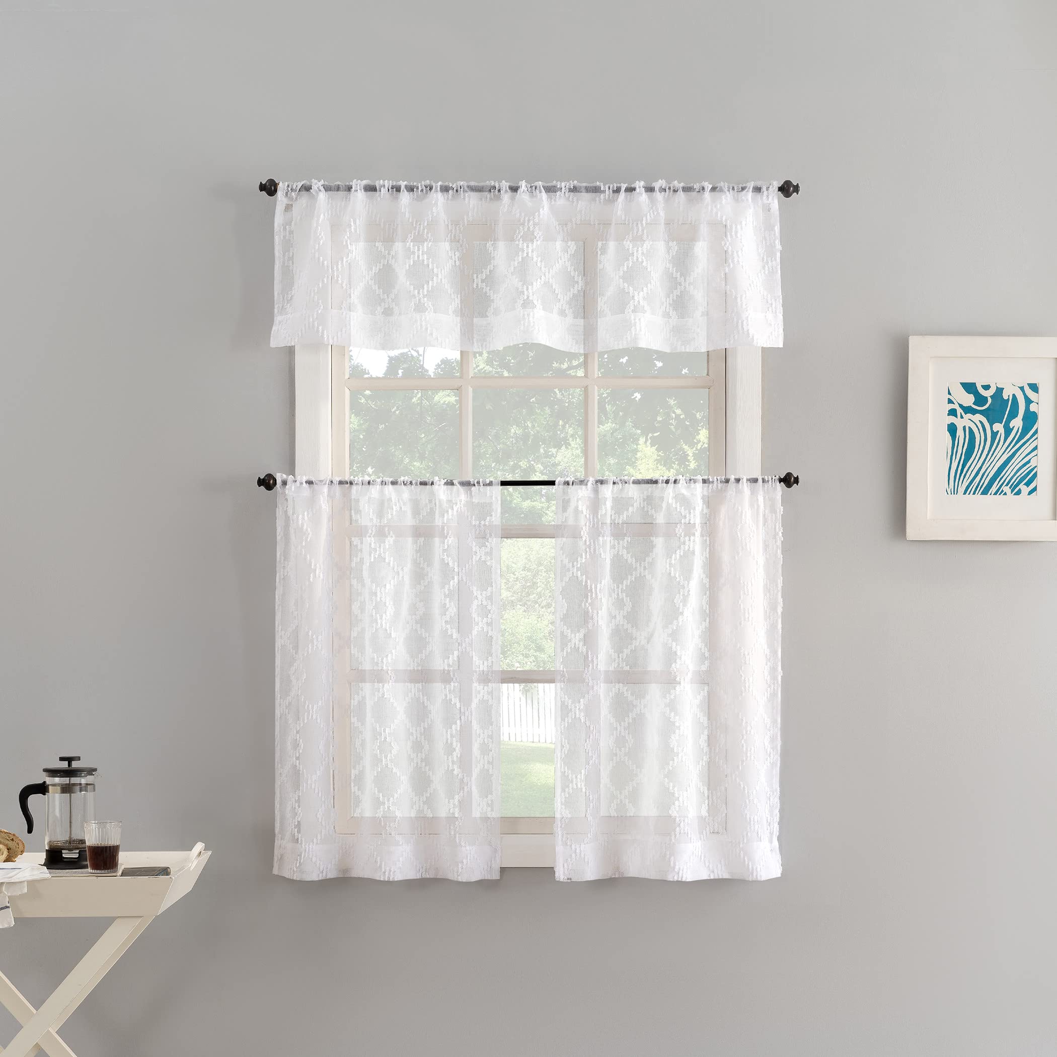 No. 918 Tina Geometric Clipped Semi-Sheer Rod Pocket Kitchen Curtain Valance and Tiers Set, 54" x 36", White