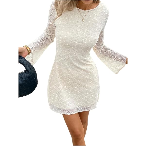 Amazon.com: SOLY HUX Women's Lace Mini Dress Tie Backless Bell Long Sleeve  Crew Neck Bodycon Dresses Pure White X-Small : Clothing, Shoes & Jewelry