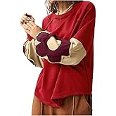 BEAUDRM Women's Oversized Sweatshirt Boho Tops Patchwork Crewneck Sweatshirt Floral Long Sleeve Pullover Tops