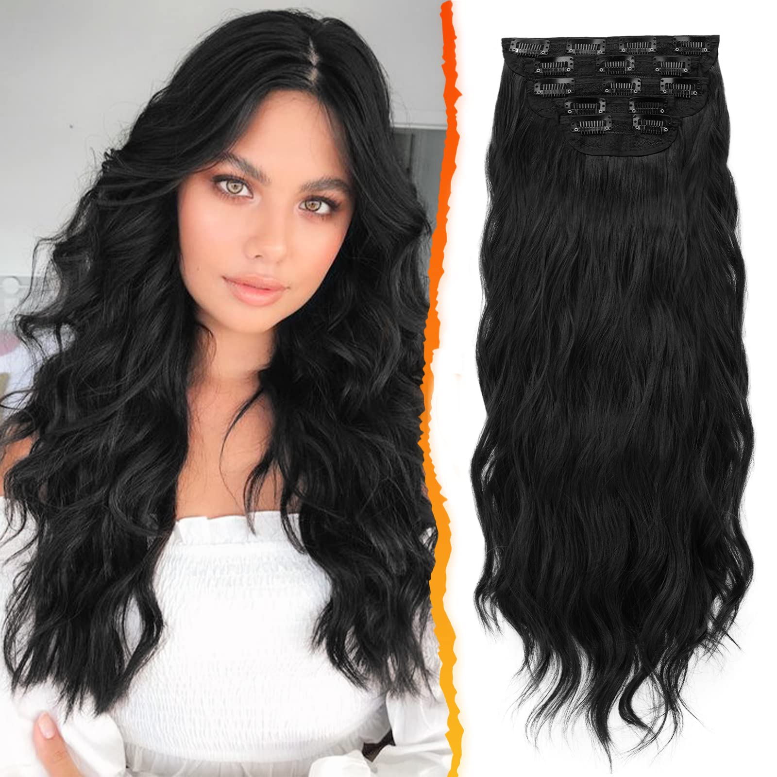 BARSDAR Clip in Hair Extensions, 5PCS Long Wavy Black Clip in Hair Extensions Natural Thick Soft Synthetic Hairpiece for Women Girls Daily Use Party Halloween-18", Natural Black