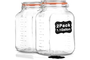 QIANFENIE [UPGRADE] 2 Pack Square Super Wide Mouth Airtight Glass Storage Jars with Lids, 1.1 Gallon Glass Jars with 2 Measurement Marks, Canning Jars with Leak-proof Lid for Kitchen(Extra Label and Gasket)