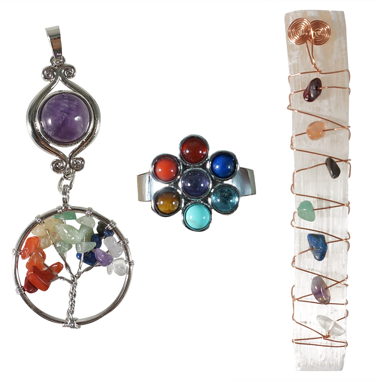 Healing Crystal Natural Energy Seven Chakra Crystal Set-1Pcs Tree of Life Pendant Necklace 1Pcs Flower Shape Open Ring 1Pcs Raw Stone Wire Wrapped Gypsum for Yoga Reiki Meditation