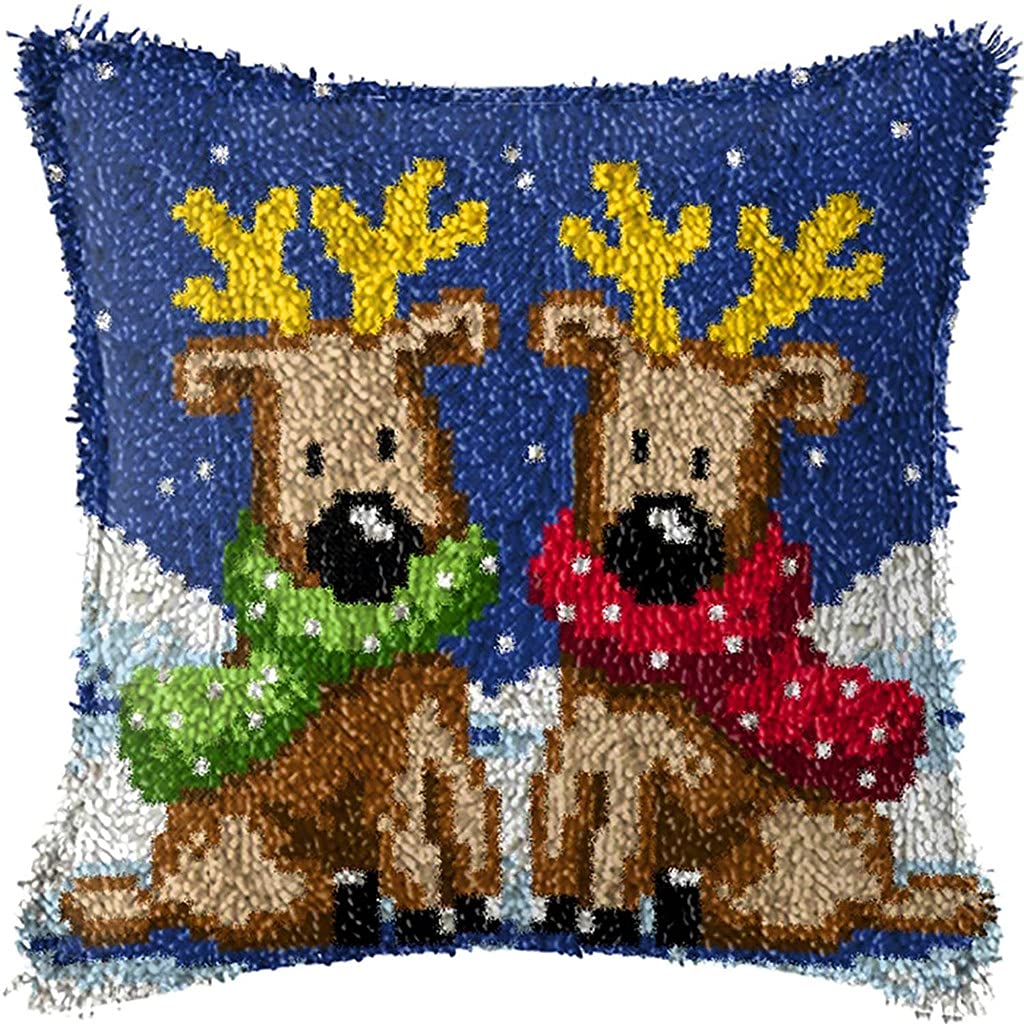 ZUHK Christmas Latch Hook Kits ​with Christmas Pattern Printed Canvas Crochet Gift Cross Stitch Sofa Cushion Cover Tool fit for Beginner and Adults,43x43 cm (Elk B) — image 1