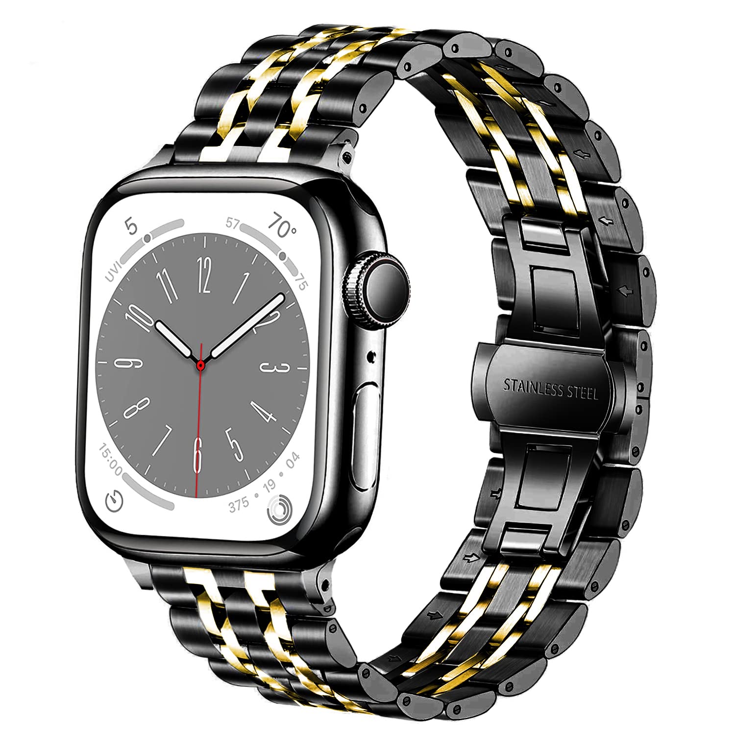 DEALELE Strap Compatible with iWatch 42mm 44mm 45mm 49mm, 7-Rows Stainless Steel Metal Replacement Bands for Apple Watch Series 8 / 7 / 6 / 5 / 4 / 3 / SE / Ultra Women Men (Black-gold)