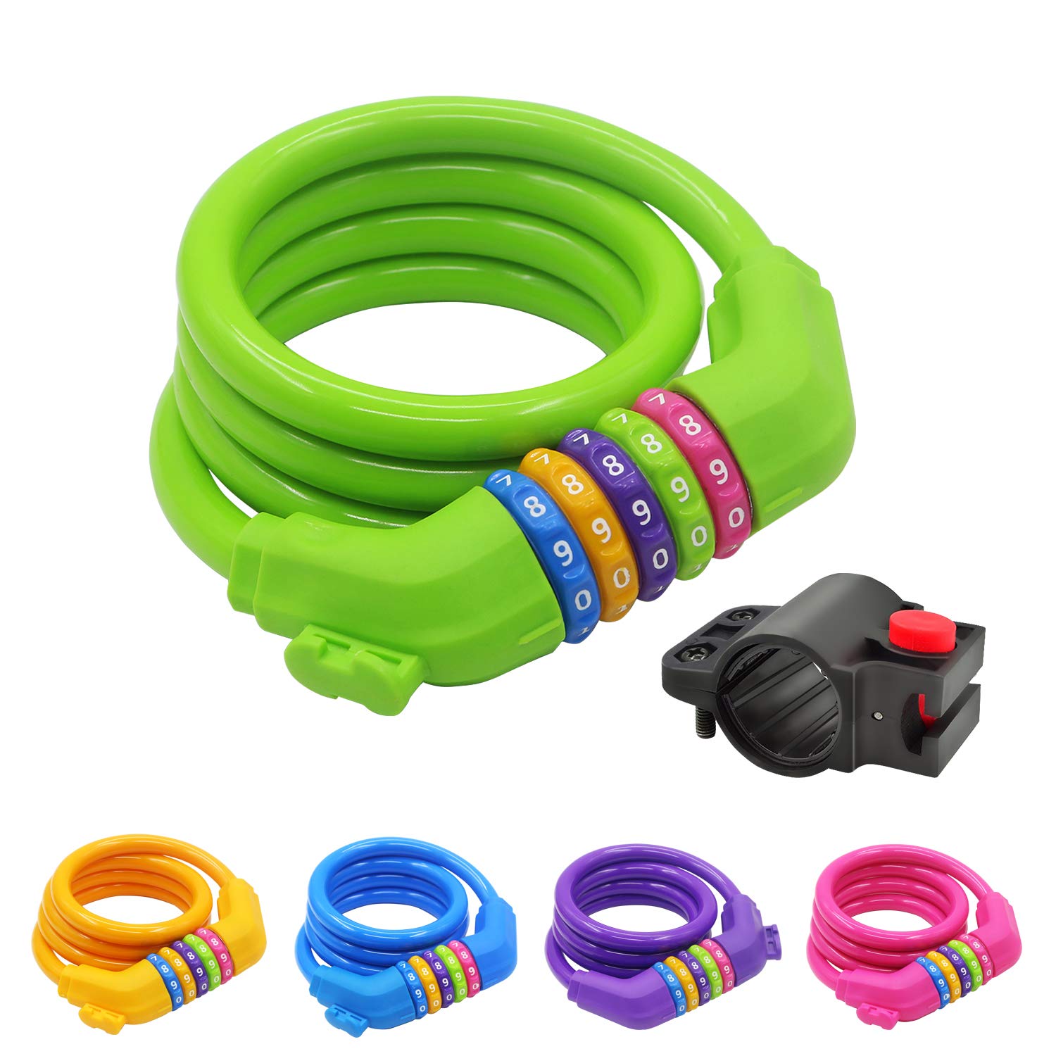 IDEALUX Bike Lock Cable, 4 Feet Bicycle Cable Lock with Mounting Bracket 5-Digit Combination Lightweight Bike Chain Lock - Green