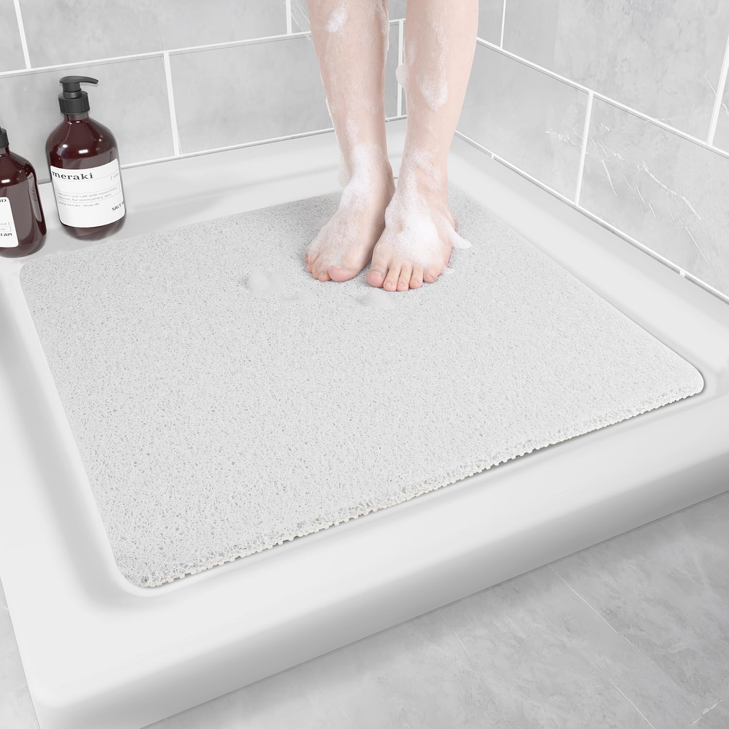 Shower Mat Non Slip Anti Mould: Bath Mats for Inside Bath- 60 x 60 cm Anti Slip Shower Mats for Inside Shower- Loofah Shower Mat White Square Washable Shower Matt for Elderly Wet Room Quick Dry