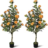 2-Pack 4FT Artificial Camellia Tree,Realistic Fake Potted Plants with Flowers&Planters,Indoor/Outdoor Faux Flowering Trees for Home,Office,Porch,Wedding,and Housewarming Gift Decor,Orange