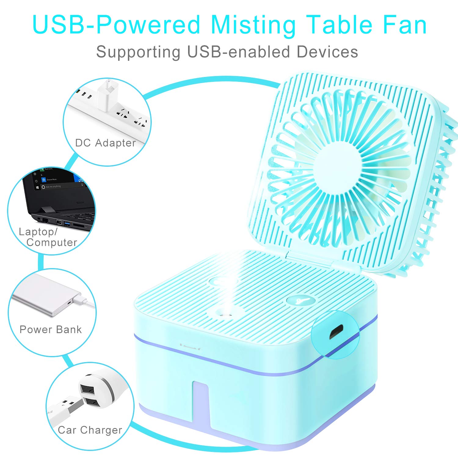 Housegaga Mini Desktop Misting Fan Usb Desk Table Fan Cooling Fan Handheld Portable Quiet Mist Spray Humidifier Fan Usb Powered 3 Speed Led Light For Bedroom Nightstand Home Office Travel White Desk Fans