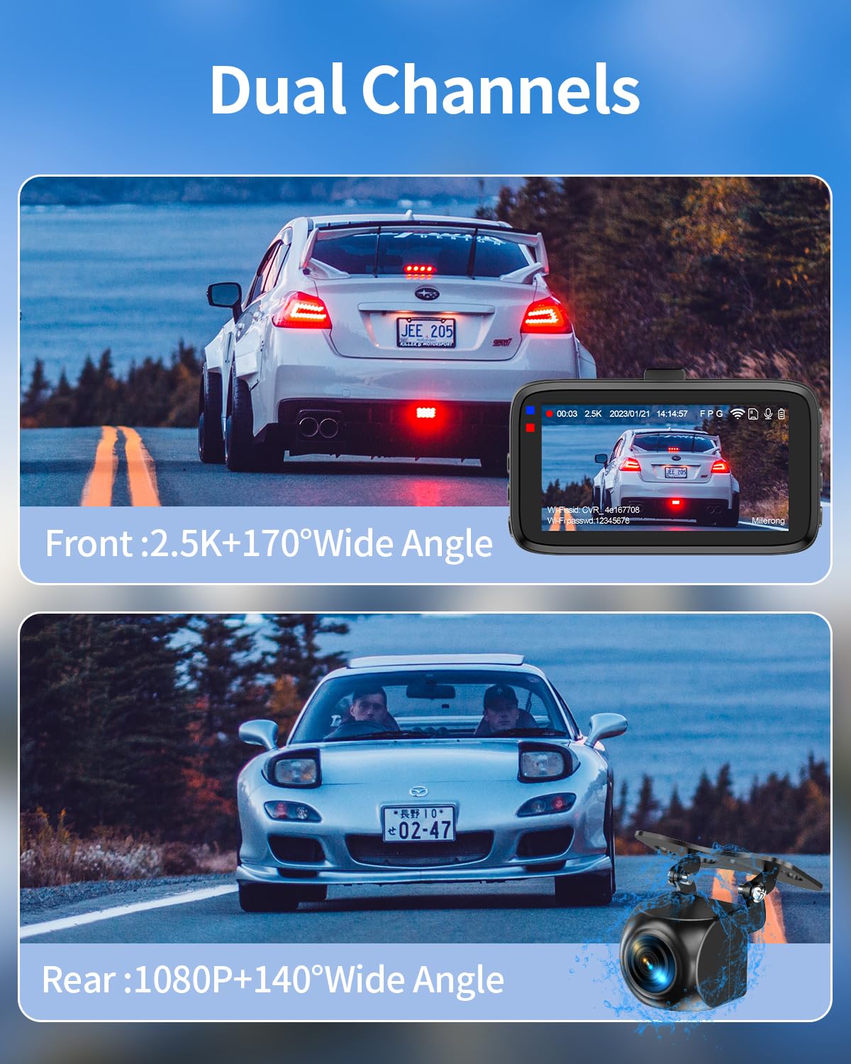 Milerong Dash Cam Front and Rear Wireless with 64GB Card/APP Control, 2.5K Dashcams Front+1080P Rear Dash Camera for Cars,3