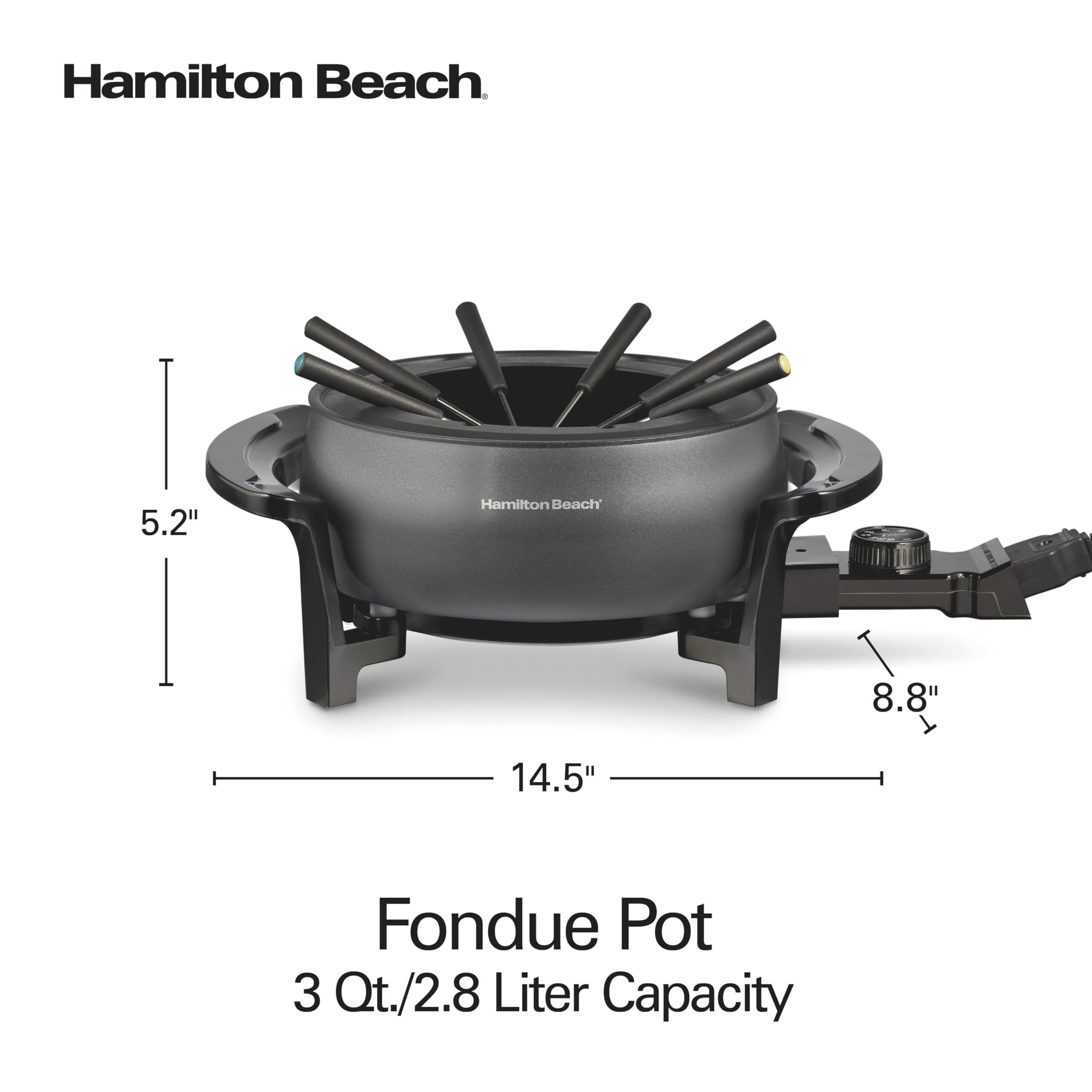 Hamilton Beach 12 Cup Electric Fondue Pot Set with Temperature Control, 6-Color Coded Forks, for Cheese, Chocolate, Hot Oil, Broth, 3 Quart PFAS-Free Nonstick Interior, Gray (86202)