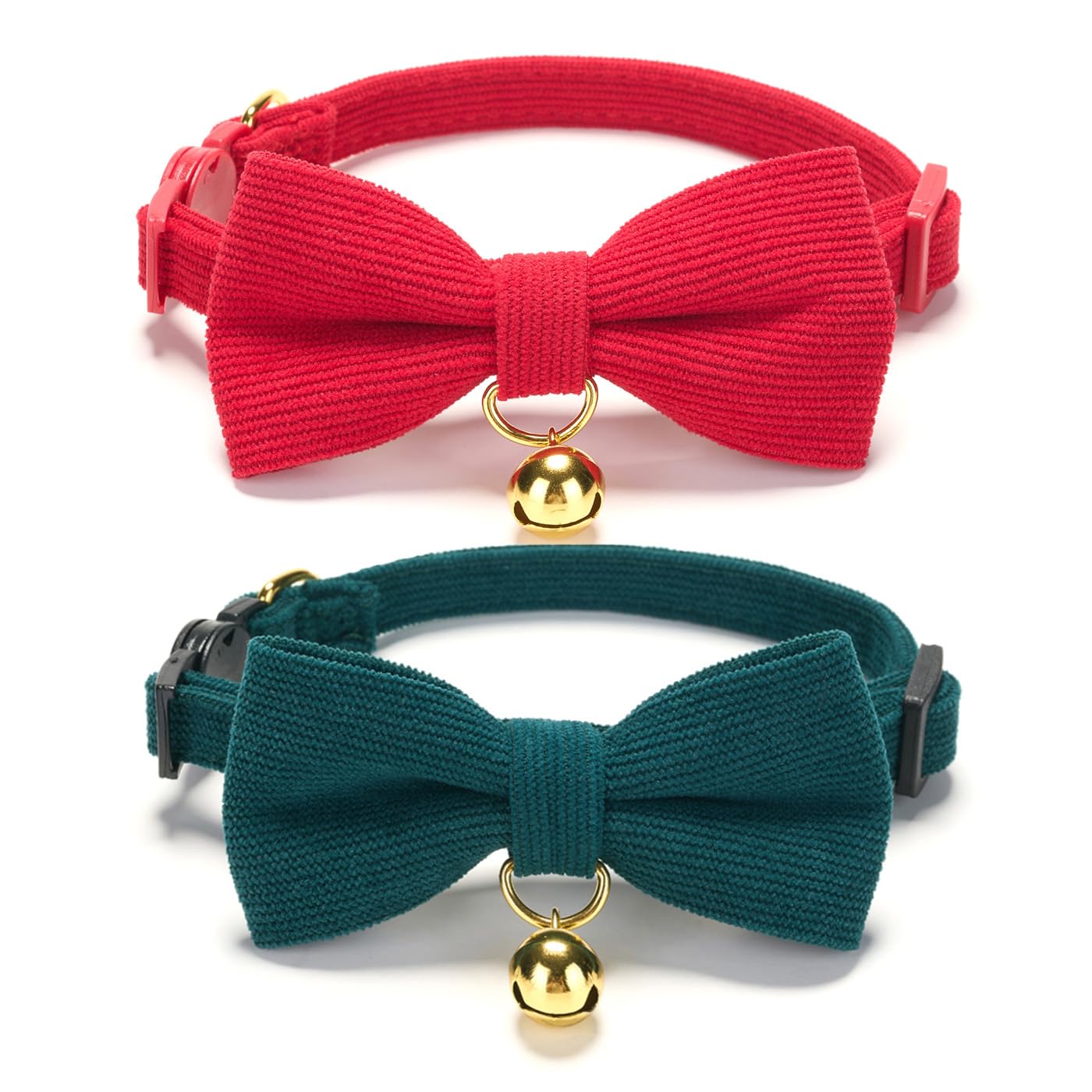 Petiry Soft Christmas Cat Collar With Bow,Corduroy Breakaway Kitten Collar With Removeable BowTie and Gold Bell,Pack of 2,Red Green — image 1