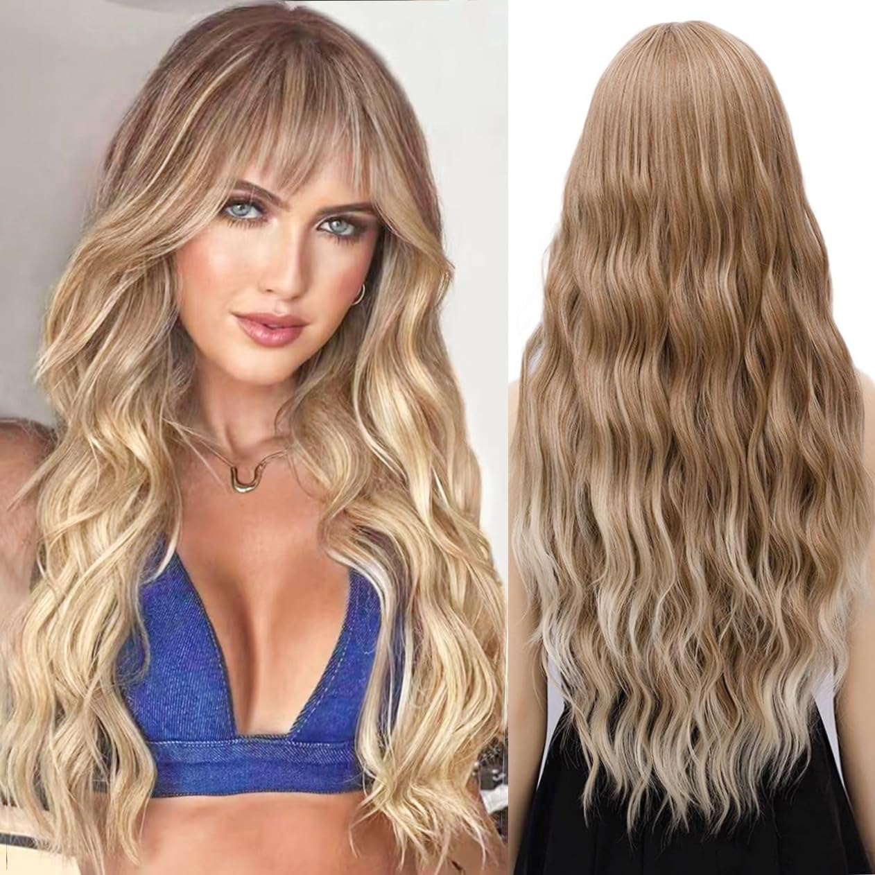 YEESHEDO Ombre Long Hair Wigs for Women Ombre Brown Blonde Sytnthetic Natural Wavy Curly Wig with Fringe Cosplay Party or Daily Wear