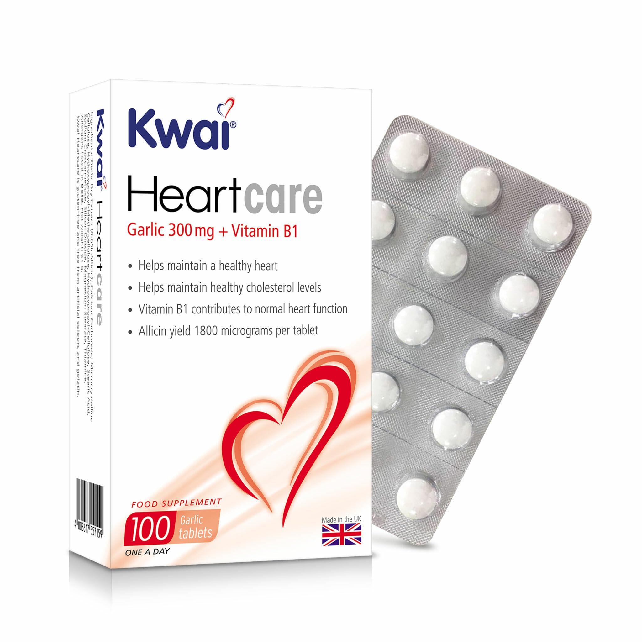Kwai Heartcare 300mg Tablets - 100 Tablets (Pack of 1) - with Vitamin B1 and Standardised Garlic Extract - Odourless Vegan Tablets to Support Normal Heart Function and Healthy Cholesterol Levels