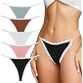 FEOYA G String Thongs for Women Lace Trim T Back Underwear Low Waist Cotton Panties 5Pack