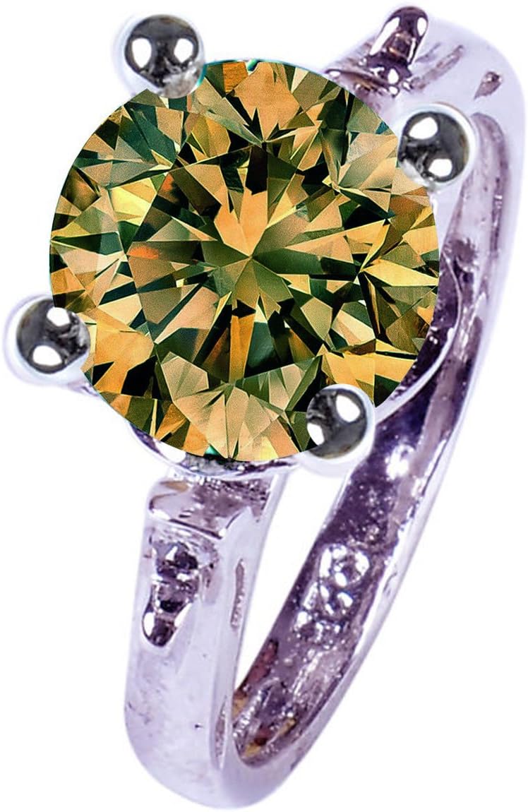 RINGJEWEL 2.40 ct VS1 Round Moissanite Solitaire Silver Plated Yellow Green Color Engagement Ring Size 7