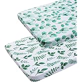 Onacosht Pack n Play Sheets 2 Pack for Baby Unisex, Stretchy Jersey Knitted Portable Mini Crib Sheets Playard Mattress Cover for Baby Boys and Girls, Watercolor Green Botanical Leaf