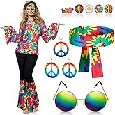 Jiuguva 17Pcs 60s 70s Outfits for Women Hippie Costume Set Disco Outfit Dress Boho Flared Pants Hippie Shirt Headband