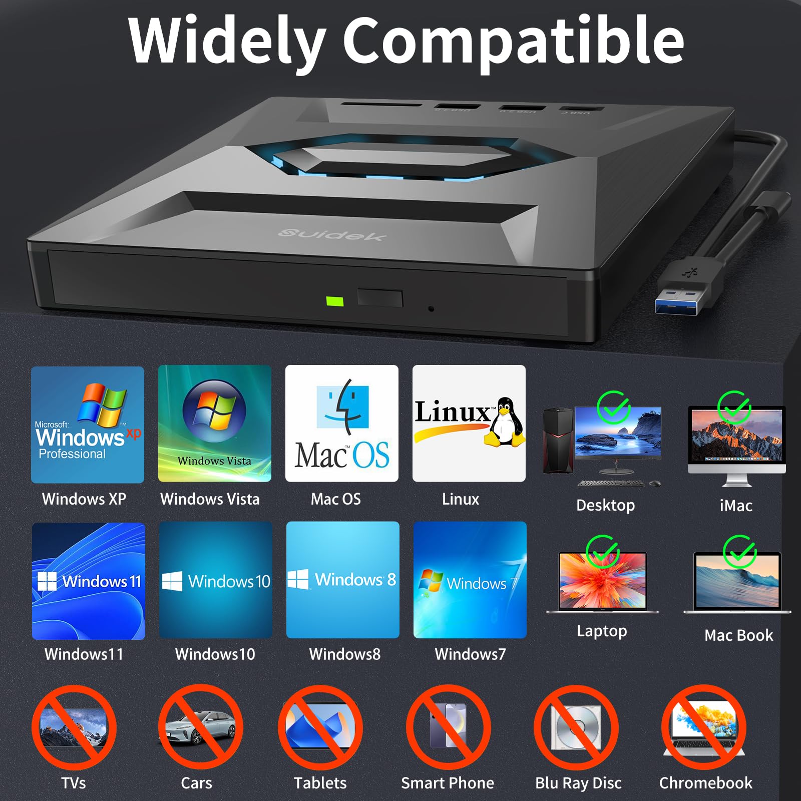 SUIDEK External CD DVD Drive for Laptop, USB C Portable CD/DVD +/-RW Burner DVD Player with SD Card Reader USB 3.0 Type C Hub Compatible with Laptop PC Windows Linux