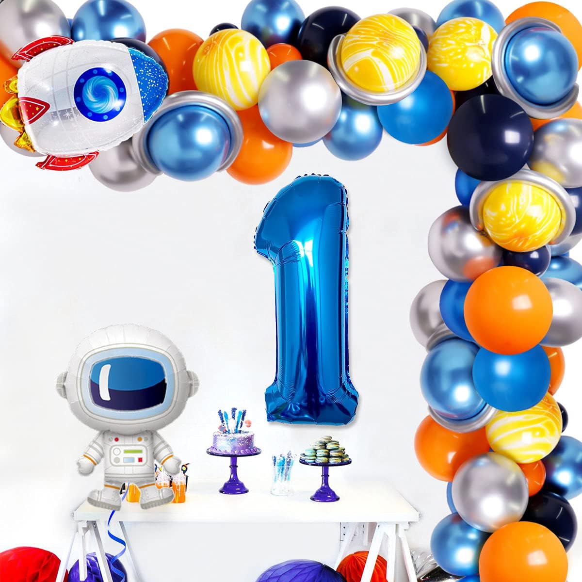 Space 1st Birthday Decorations Astronaut Outer Space Birthday Party Supplies - Balloon Garland Arch Kit for Boys Spaceship Rocket Planet Universe Solar System First Birthday Decorations