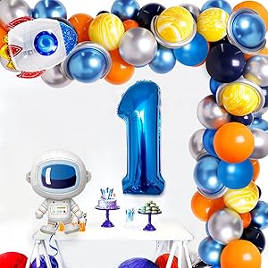 Space 1st Birthday Decorations Astronaut Outer Space Birthday Party Supplies - Balloon Garland Arch Kit for Boys Spaceship Rocket Planet Universe Solar System First Birthday Decorations