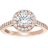 Amazon Essentials Platinum or Gold Plated Sterling Silver Round Halo Ring Made with Infinite Elements Zirconia