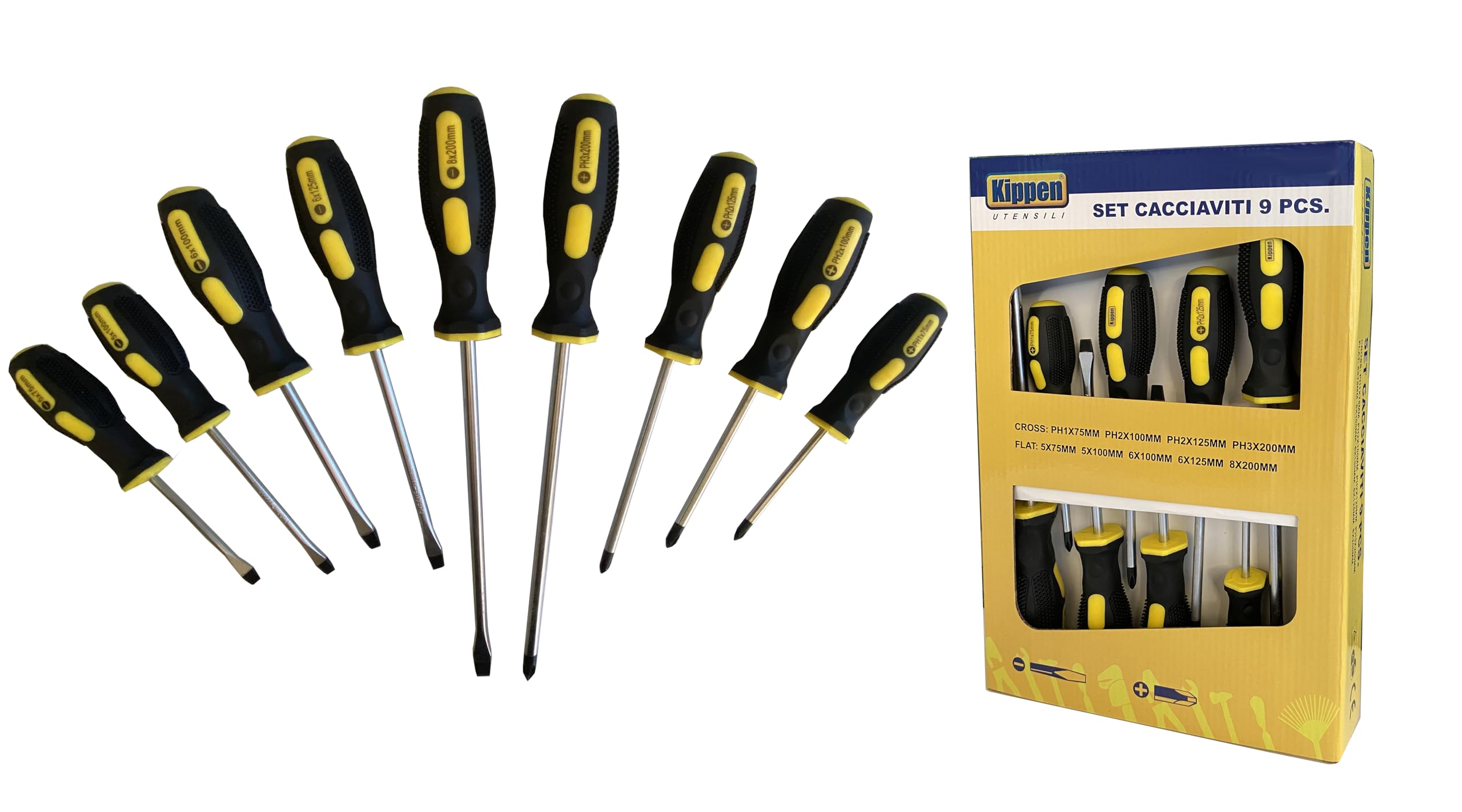 Kippen 1226BX - Set of 9 Semi-Professional Screwdrivers in Chrome Vanadium Steel with Soft Grip Handle