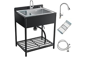 JINRRENYI 33inch Stainless Steel Freestanding Utility Sink with Cold and Hot Water Faucet, Commercial Kitchen outdoor Sink with Hoses and Drain Kit, Laundry sink For Bathrooms, Garage (Silvery)