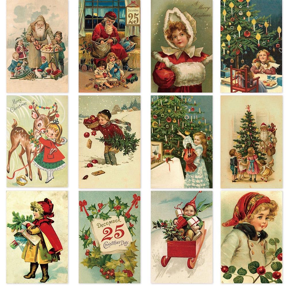 Vintage Christmas Greeting Cards,12pcs Christmas card postcard Christmas Greeting Cards,Xmas Greetings Cards Vintage Winter Christmas Santa Claus Antique Postcard Set Greeting Cards Gift Message Card
