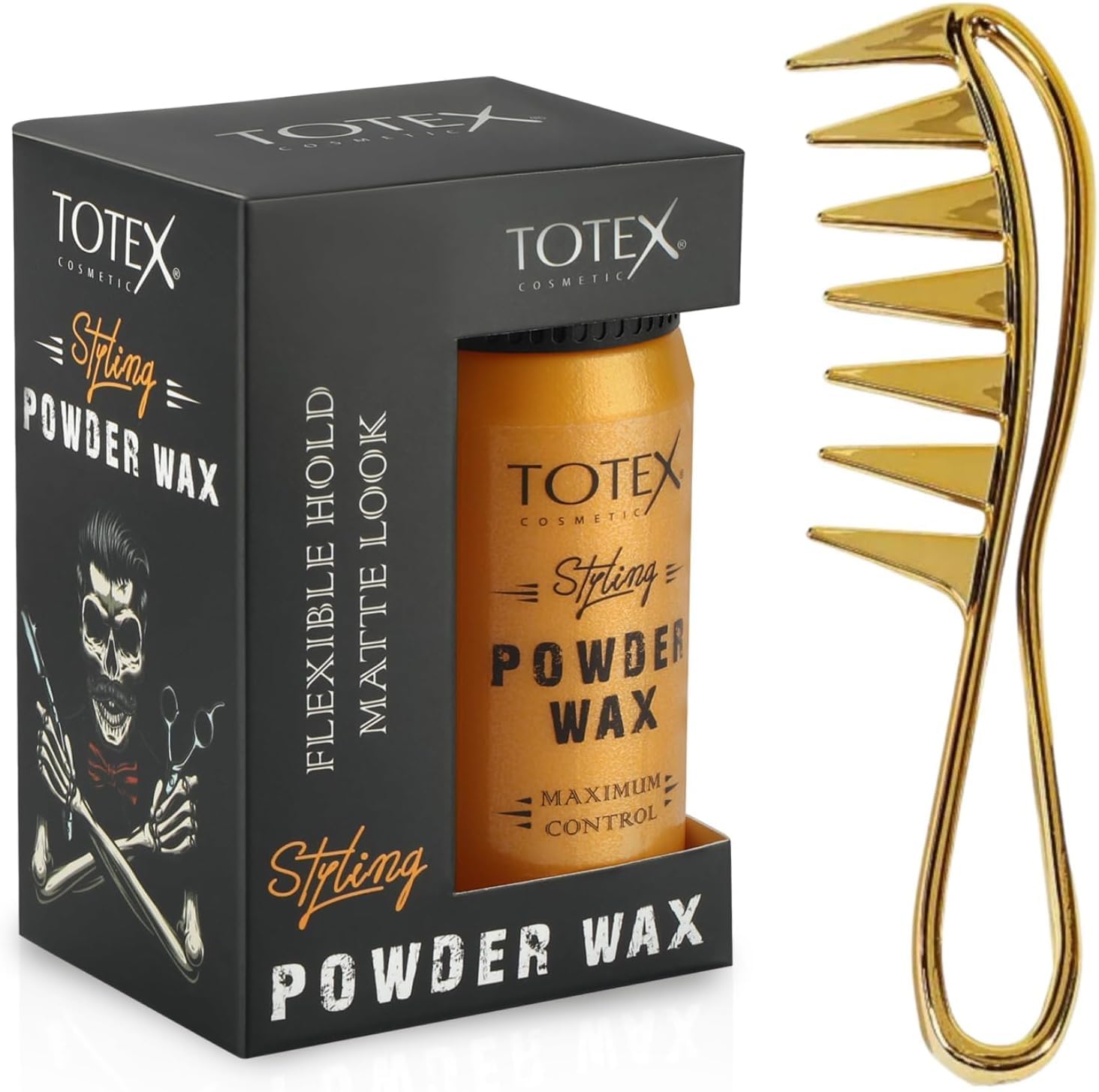Totex Hair Styling Powder Wax 20g + Wide Shark Teeth Comb Gold | Volumizing Matte Dust Powder Strong Hold | Barber Styling Set for Hair & Beard | Professional Hair Thickening Kit