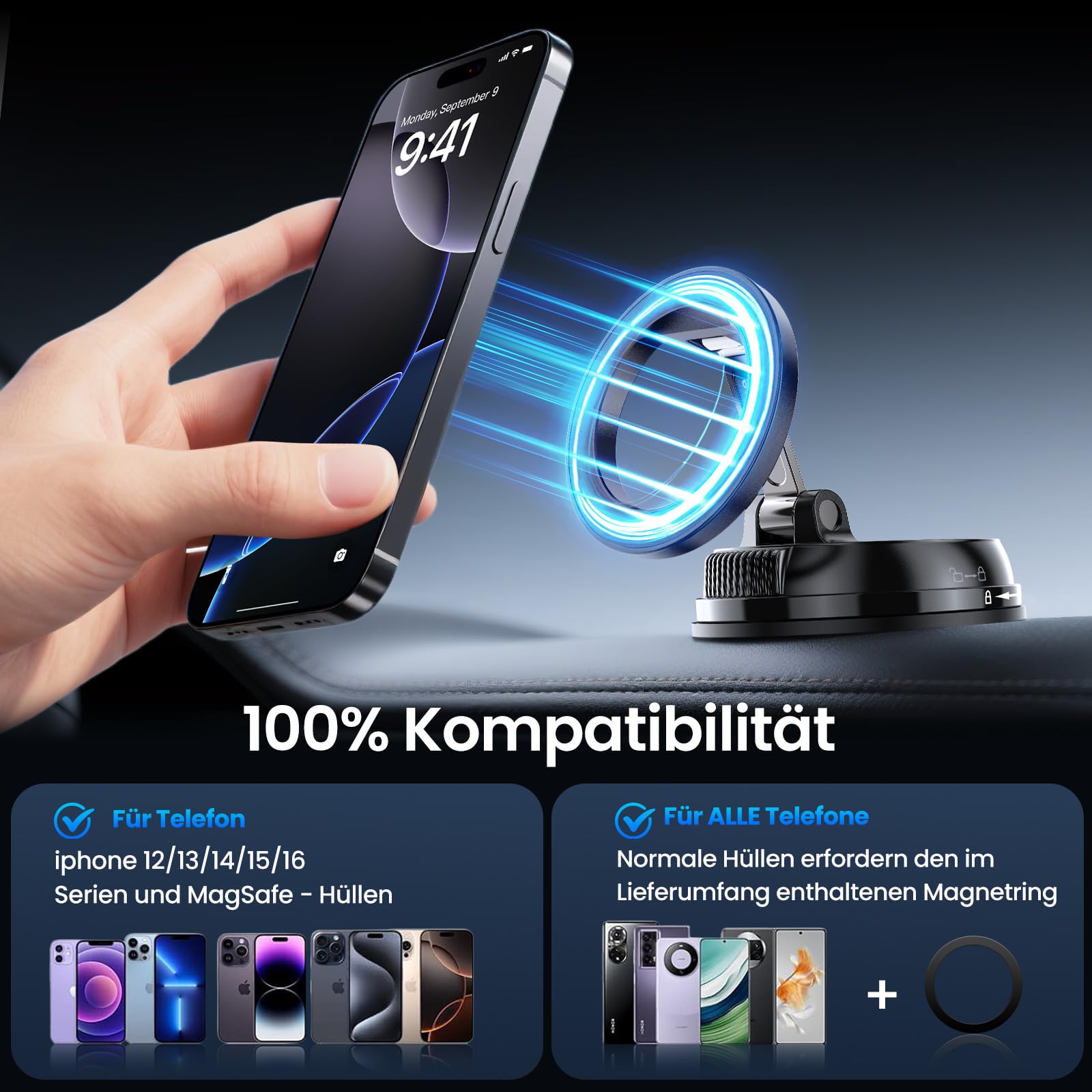 Handyhalterung Auto MagSafe,Vakuum Magnetischer Auto Für MagSafe Autohalterung, [22x N55 Magnet],[Mit 35KG Stärkste Saugkraft], 360° Drehbare Handy Halterung Für Alle Handys 5