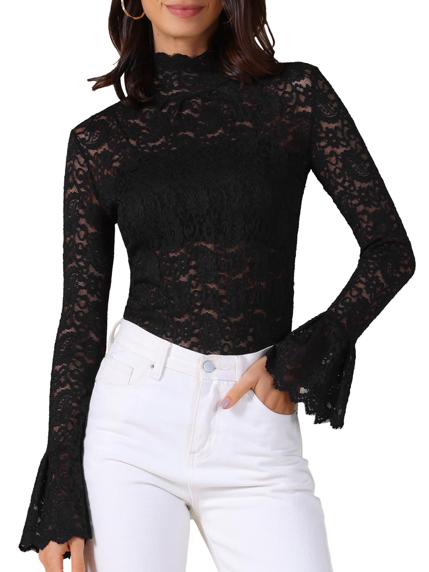 Photo 1 of Allegra K See Through Lace Top Gothic High Neck Bell Long Sleeve Sheer Mesh Tops Medium Black