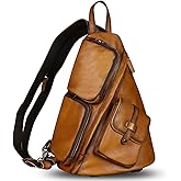IVTG Genuine Leather Large Sling Bag for Men and Women Large Sling Backpack Purse Shoulder Crossbody Chest Bag for Ipad (Brown)