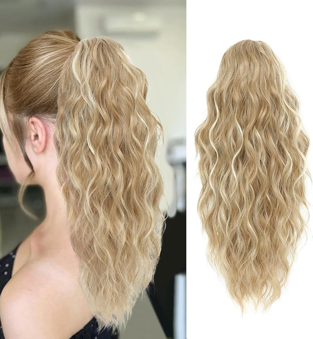 Fine Plus 18in Ponytail Extension Claw Clip Curly Wave Golden Blonde