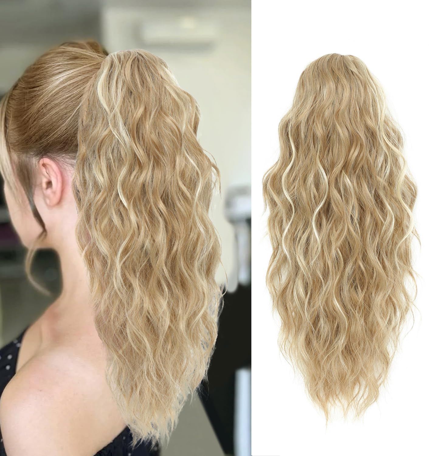 Fine Plus Highlights Ponytail Extension 18inch Claw Clip in Ponytail Hair Extensions for Women Curly Wave Claw Ponytail Extension Synthetic Clip in Hairpiece - Golden Blonde — image 1