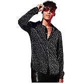 Floerns Men's Button Front Long Sleeve Glitter Lapel Collar Streetwear Shirt