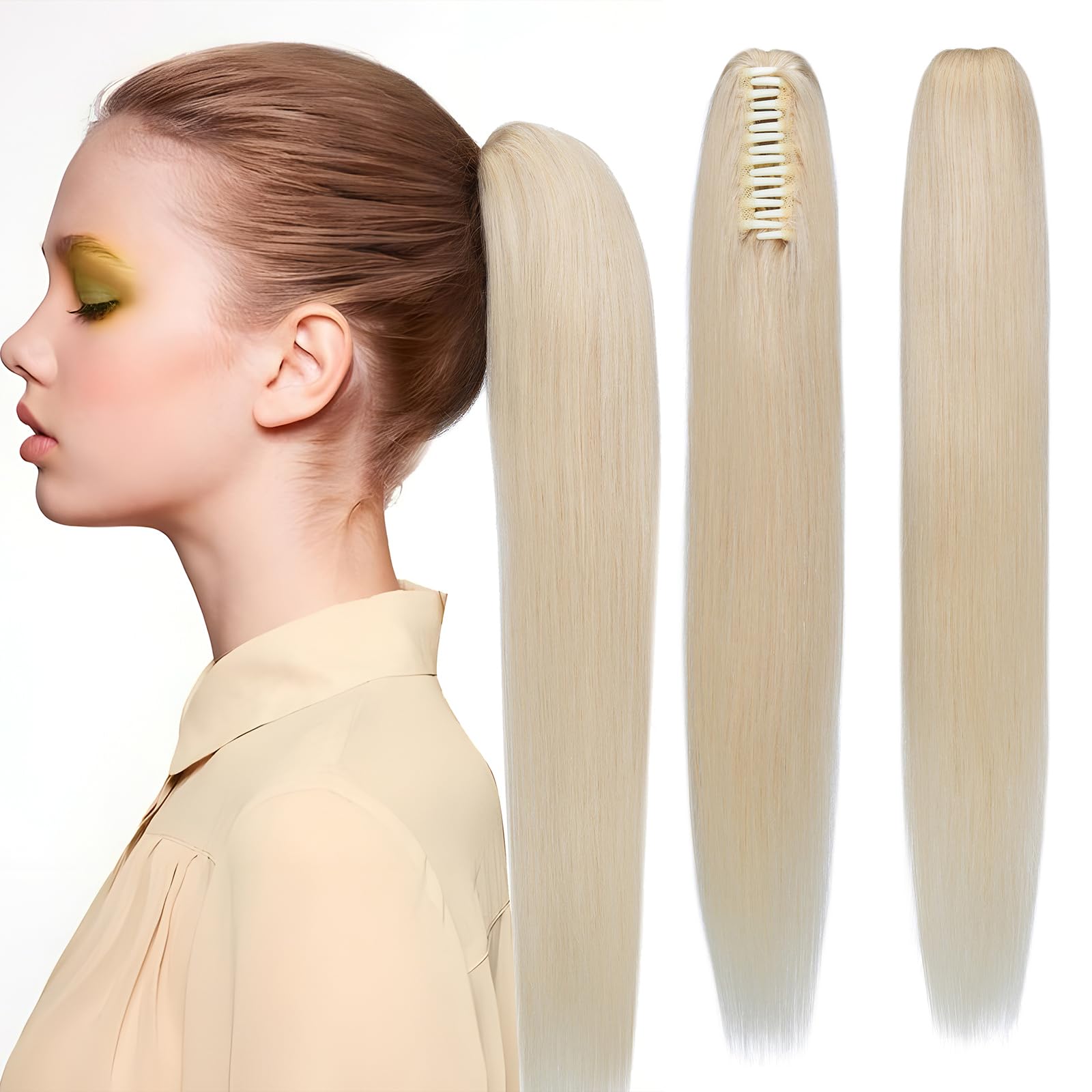 Elailite Claw Clip Ponytail Hair Extensions Real Human Hair Natural HairPiece Straight (#60 Platinum Blonde, 18 Inch) — image 1