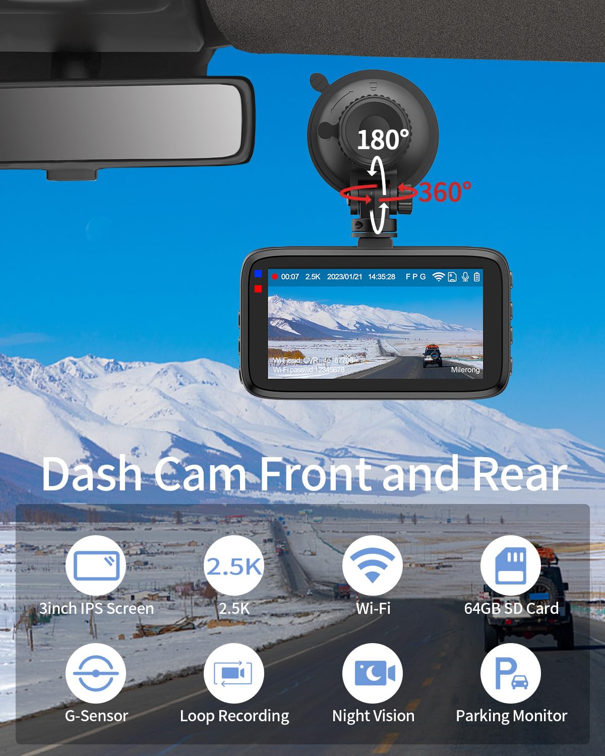 Milerong Dash Cam Front and Rear Wireless with 64GB Card/APP Control, 2.5K Dashcams Front+1080P Rear Dash Camera for Cars,3