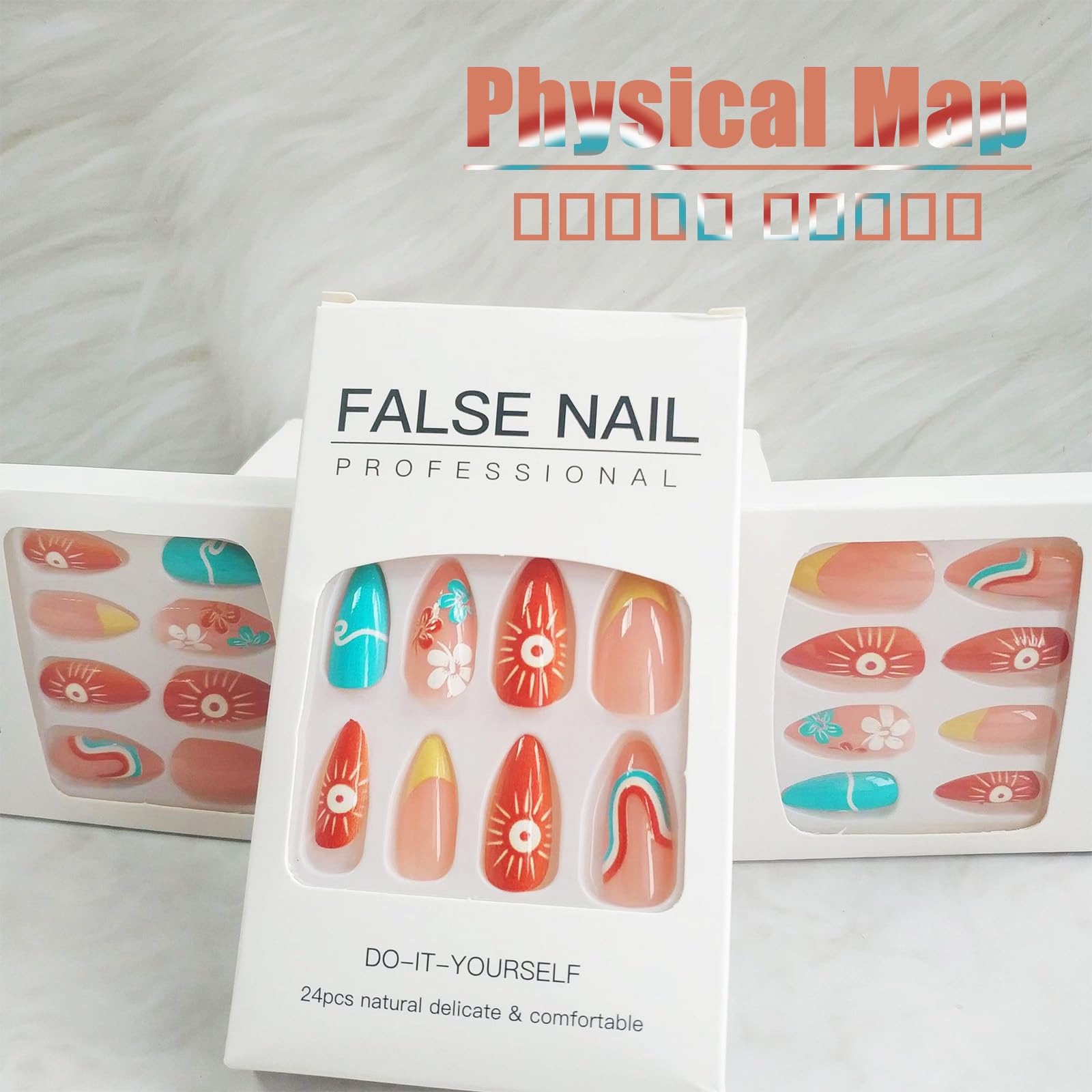 24 Pcs Summer Press on Nails French Tips Medium Almond Acrylic False Nails Sun Stick on Nail Glossy Orange Curve Line Fake Nail Waves Gel Glue on Fingernails for Manicure Art Women Girls - Image 6