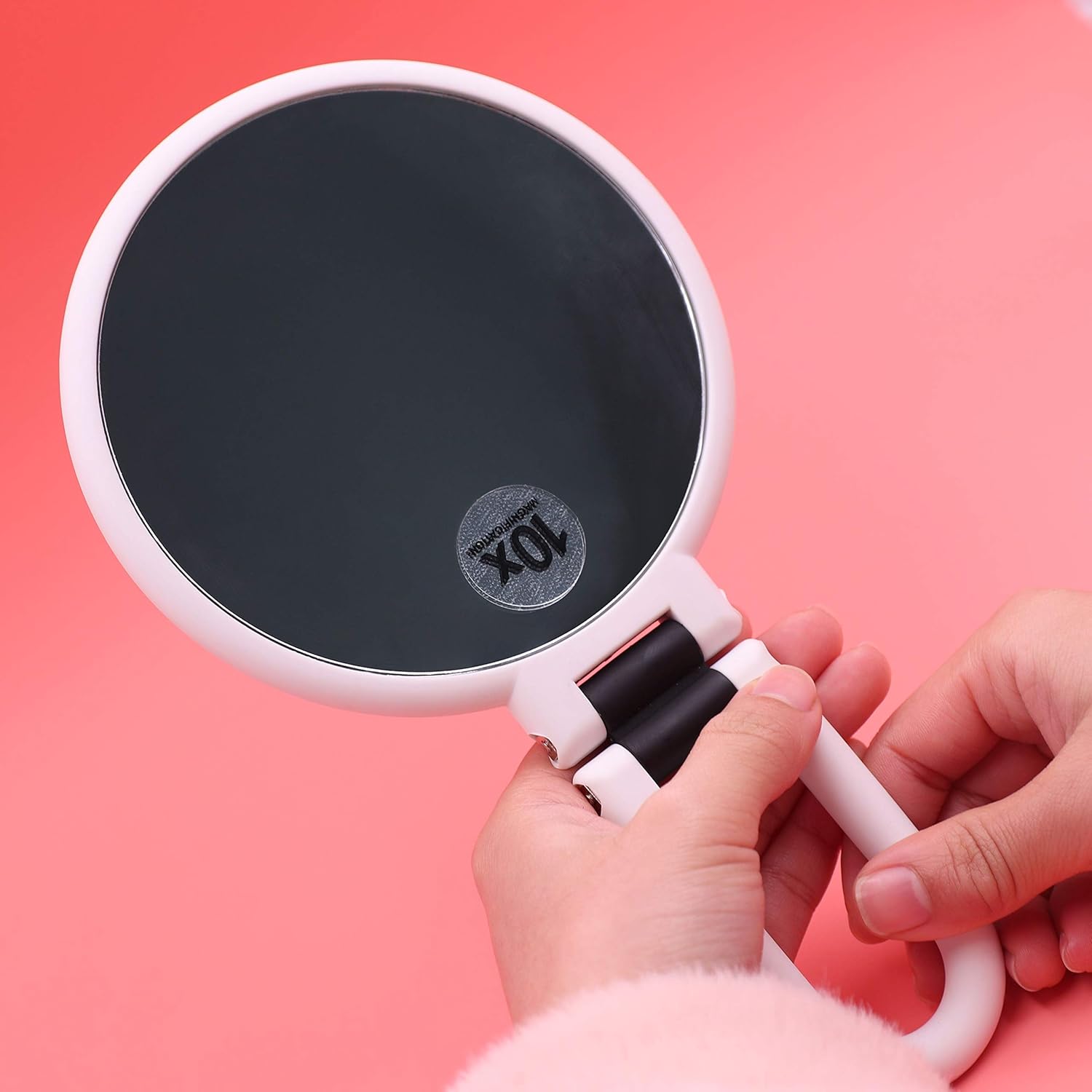 10x 1x Double Sided Magnifying Hand Mirror, Handheld Mirror Hand Held Mirror with Folding Handle, Travel Makeup Mirror with 10x Magnification, Vanity Round Makeup Mirror with Stand (White) : Beauty
