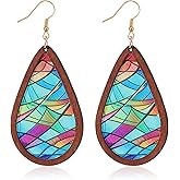 GELVTIC Bohemian Wood Teardrop Earrings for Women Acrylic Colorful Teardrop Dangle Earrings Handmade Natural Wooden Earrings Boho Geometric Flower Leaf Cross Earrings Statement Lightweight Ethnic Earrings Vintage Retro Jewelry
