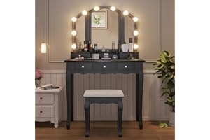 Tiptiper Vanity Desk, Makeup Vanity with Lighted Tri-fold Mirror and Stool, Vanity Set with 5 Drawers, 3 Light Settings & Adjustable Brightness, Black