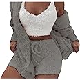 Famnbro Women's Sexy Fuzzy 3 Piece Outfits Fleece Warm Hooded Cardigan Crop Top Shorts Set Pajamas Loungewear