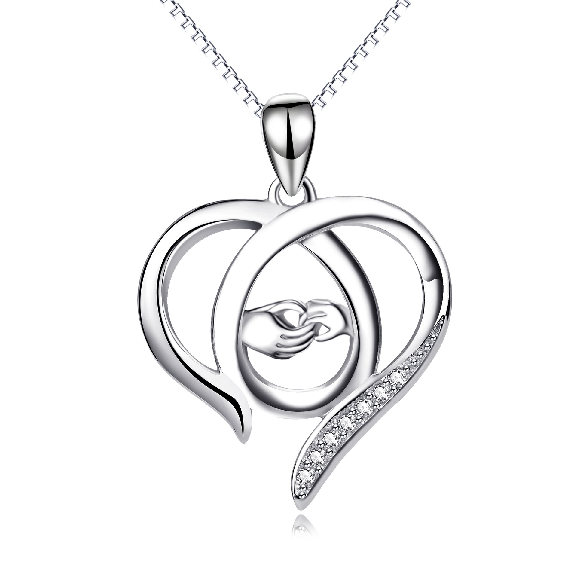 YAFEINI Gifts for Mum Sterling Silver Love Heart Hand Pendant Necklace Jewellery for Women, Mum,Mother (Silver mum hand necklace)