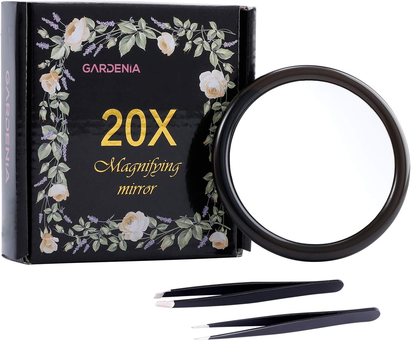 20X Magnifying Mirror &Slant Tip and Pointed Eyebrow Tweezer Set,Perfect for Precise Makeup Application for Facial Hair, Ingrown Hair,Splinter, Blackhead and Tick Remover. (Black)