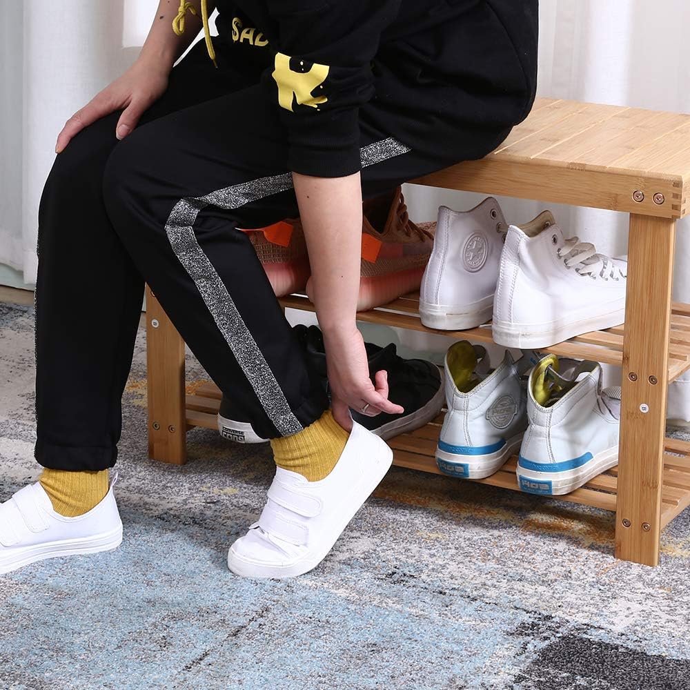 KKTONER Bamboo Shoe Rack Bench 3 Tier Entryway Seat Shoe Organizer Storage Shelf Natural Color: Kitchen & Dining