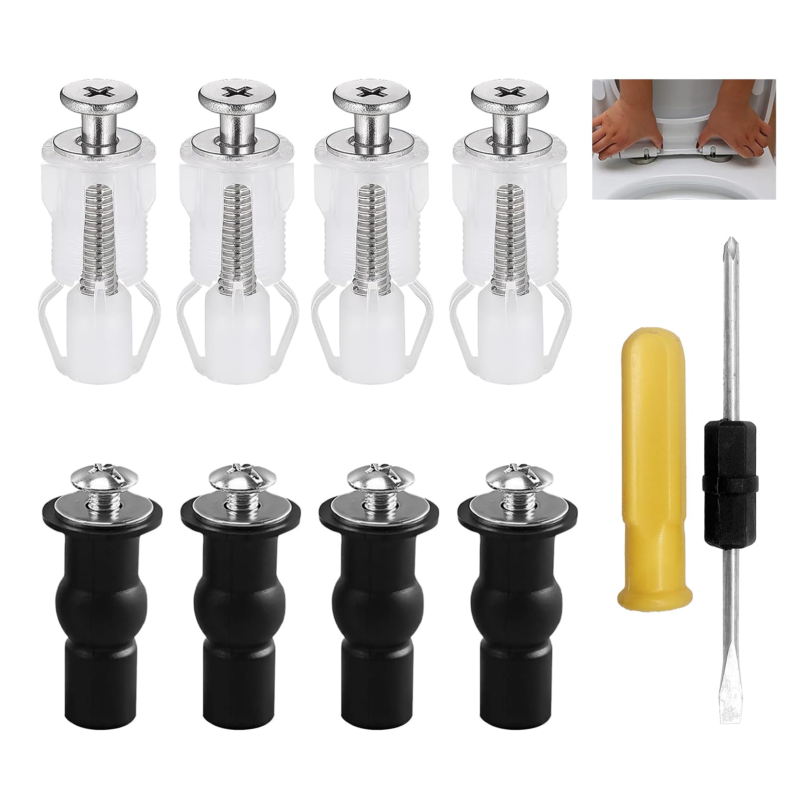 8Pcs Universal Toilet Fixing Kit, Toilet Seat Fittings and Fixtures Rubber, Soft Close Toilet Seat Hinges for WC Blind Hole, Expanding Rubber Top Nuts Screw Fixings with Dual End Screw Driver